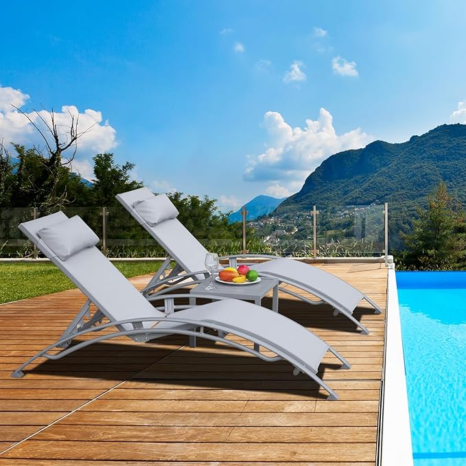 Domi Pool Lounge Chairs Set of 2 with Side Table, Aluminum Adjustable Outdoor Chaise Lounge, All Weather Poolside Chairs for Deck Lawn Poolside, Textilene (Grey)