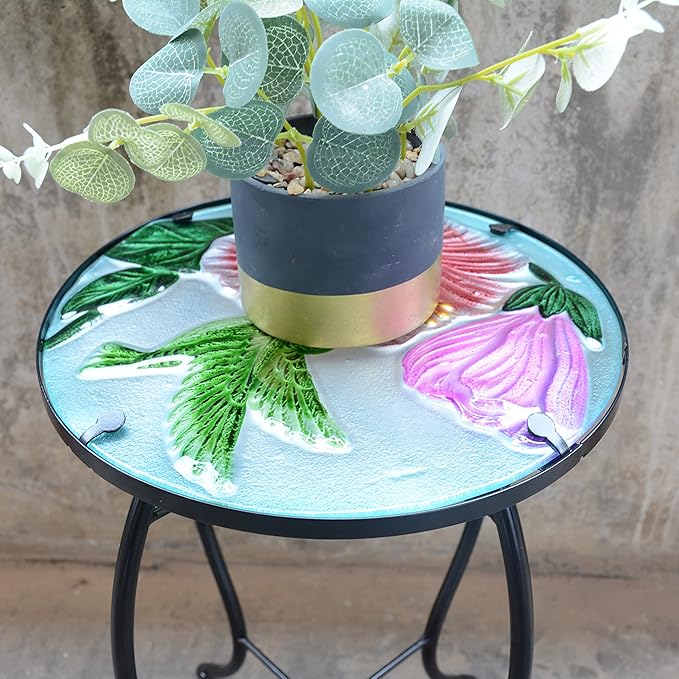 12 Inch Round Hummingbird Glass Side Table, Patio Small Table, Outdoor Side Table, Outdoor Bar Table - Photo 5