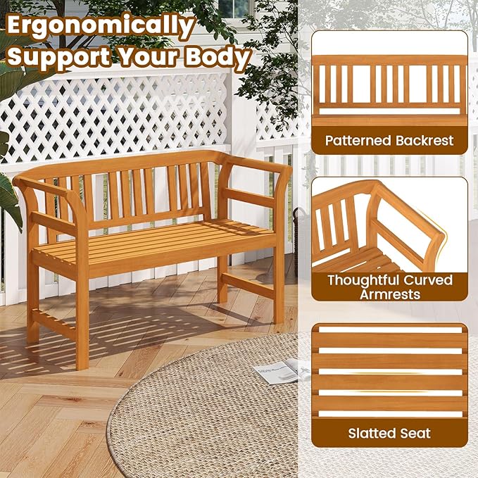 Tangkula Acacia Wood Outdoor Bench with Slatted Backrest, 2-Person Patio Wood Bench with Curved Armrests, Slatted Seat, Garden Bench Loveseat for Park, Yard, Lawn, Patio, 800 LBS Max Load