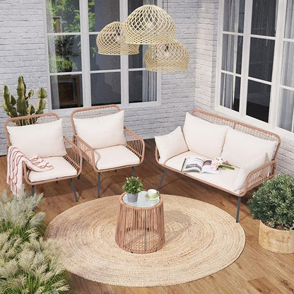 Verano Garden 4 Pieces Patio Balcony Furniture Set, Outdoor Wicker Patio Conversation Set, Patio Sectional Table and Chairs Set of 4 with Cushion, Pillow & Table (Cream White, 4PCS Conversation Set)