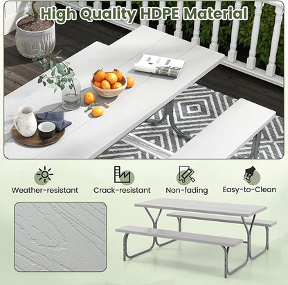 Giantex 6FT Picnic Table Bench Set Outdoor Camping All Weather Metal Base Wood-Like Texture Backyard Poolside Dining Party Garden Patio Lawn Deck Furniture Large Camping Picnic Tables for Adult, Grey