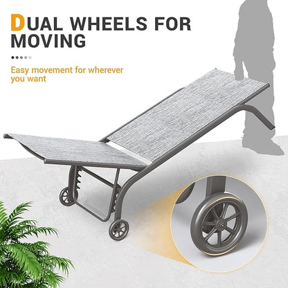 UDPATIO Aluminum Lounge Chair Set of 3 Outdoor Chaise Lounger Poolside Lounge Chairs 5 Adjustable Position Backrest Pool Lounger with Wheels Side Table for Patio Pool Patio (Grey)