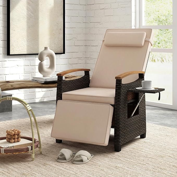 HAPPYGRILL Outdoor Rattan Wicker Chaise Lounge Recliner Chair with Adjustable Backrest & Footrest - Photo 2