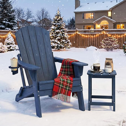 Folding Adirondack Chair with Cup Holder, HDPE All Weather Resistant Plastic Outdoor Patio Chairs, Heavy Duty Fire Pit Seating for Backyard Lawn Garden, Wooden Textured Design(Navy Blue)