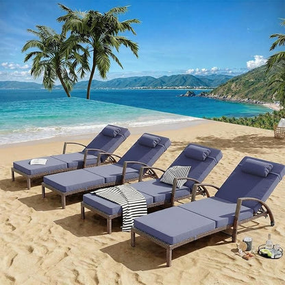 GarveeHome Outdoor Chaise Lounge Set of 2, Weather-Resistant PE Rattan Recliners with 5 Adjustable Positions, Wheels, Armrests, Cushions & Pillows, Collapsible for Poolside, Deck, Blue Cushion