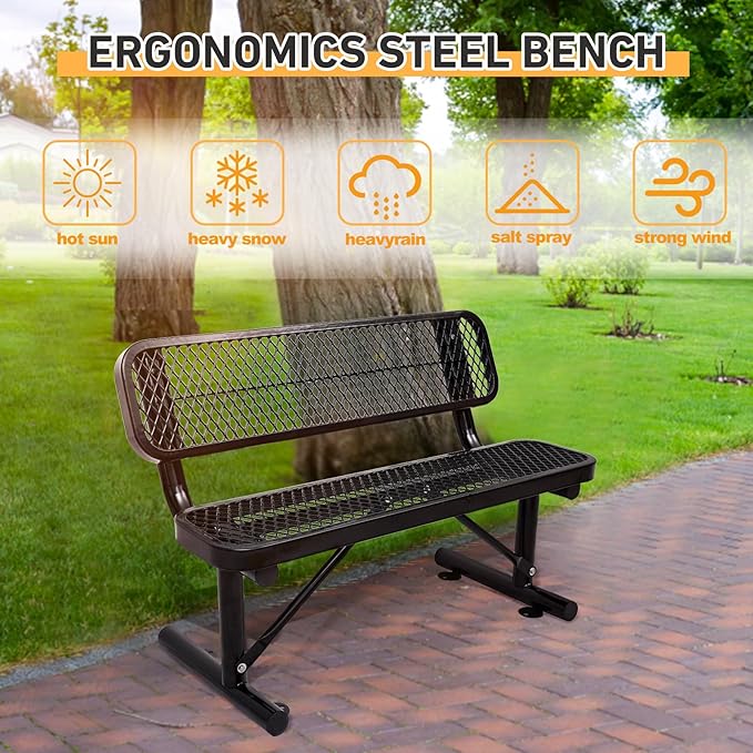 Heavy-Duty Park Bench for Outside - Black Coated Outdoor Furniture Steel Bench, Commercial-Grade Outdoor Benches Weatherproof for Park, Patio, Porch (Portable with Back) (Black, 4FT)