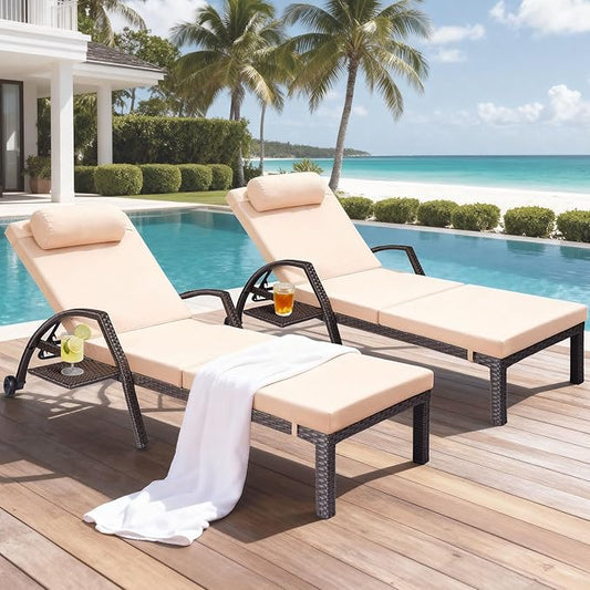 Patio Chaise Lounge Chairs Set of 2 Wicker Pool Lounge Chairs Outdoor with 5 Adjustable Back & Removable Cushion & Tray Tanning Chair Sun Loungers for Patio Poolside Deck Beach