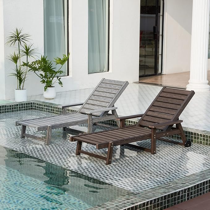 Patio Chaise Lounges Set of 2, HDPE Outdoor Lounge Chairs with Adjustable Backrest, Wheels, Armrest, All Weather Poly Lumber Recliner for, Poolside, Porch, 350lbs Weight Capacity (Grey)