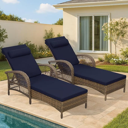 HOMEDIARY 2-Piece Outdoor Wicker Lounge Chairs with Cushion, Rattan Patio Chaise Loungers with 6-Level Backrest, All Weather Lay Flat Pool Sunbathing Recliner Chair, Armrest and Head Pillow, Navy Blue
