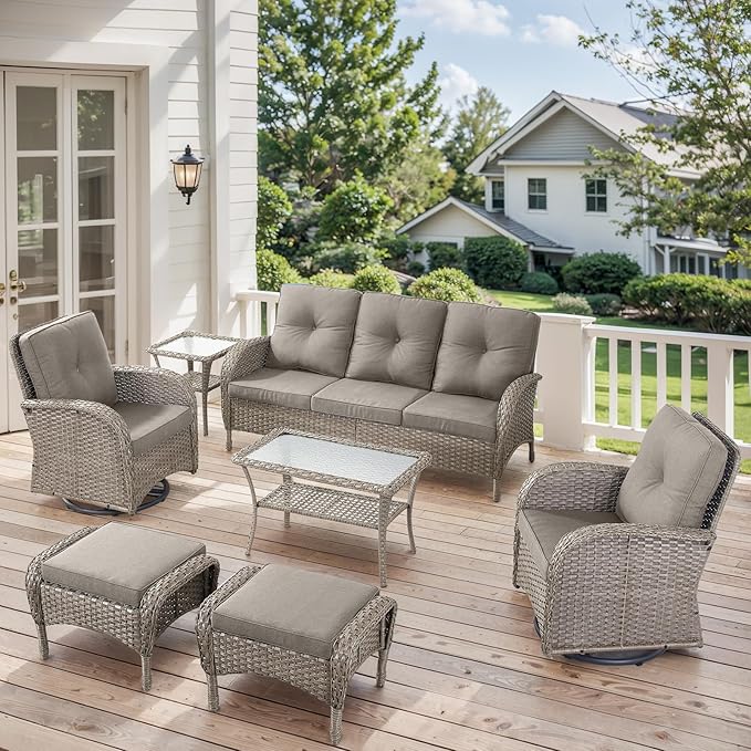 7 Pieces Outdoor Patio Furniture-Swivel Patio Chairs Set of 2 Outdoor Wicker Rattan Sofa Couch with Ottoman Outdoor Conversation Set for Deck Porch Garden Balcony Poolside-Grey/Grey