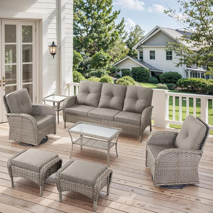 7 Pieces Outdoor Patio Furniture-Swivel Patio Chairs Set of 2 Outdoor Wicker Rattan Sofa Couch with Ottoman Outdoor Conversation Set for Deck Porch Garden Balcony Poolside-Grey/Grey