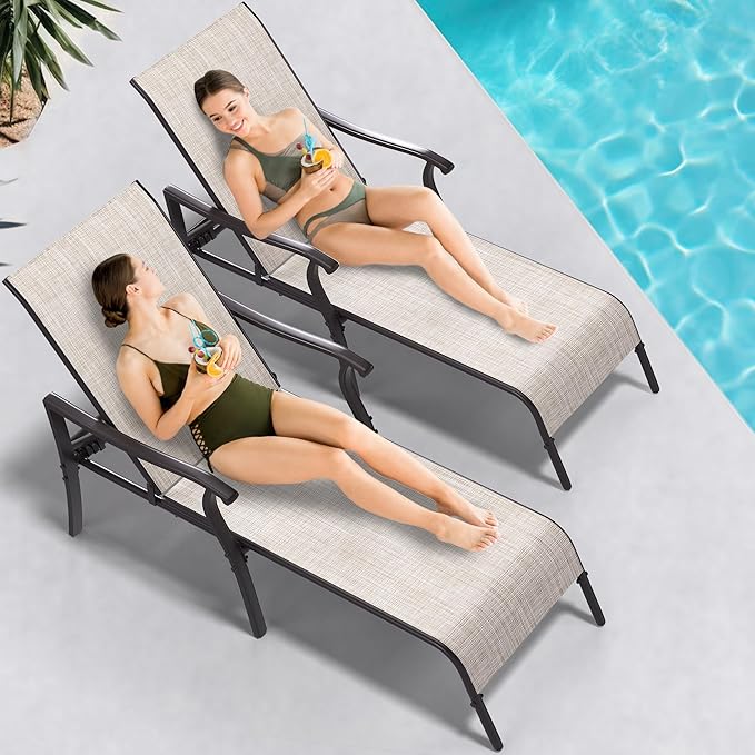YITAHOME Outdoor Chaise Lounge Chair Set of 4,Patio Lounge Chair with 5 Adjustable Positions, Textile Pool Chaise Lounger for Outdoor, Patio, Beach, Yard (Beige)
