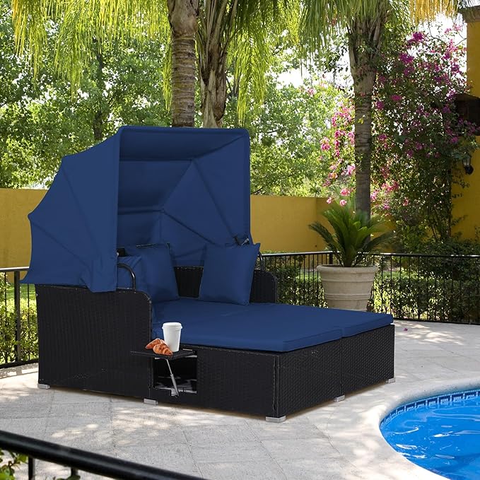 ORALNER Outdoor Daybed, 2-Person Wicker Patio Sofa with Retractable Canopy, Cushions & Pillows, 2 Side Trays - Photo 9