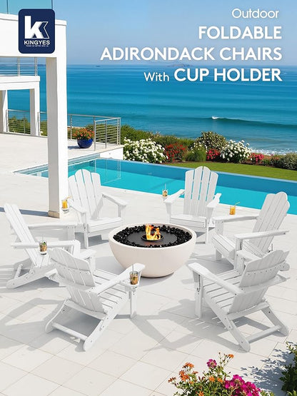 KINGYES Folding Adirondack Chair, HDPE All-Weather Patio Chairs with Cup Holder, Wooden Textured Fire Pit Chairs for Poolside, Backyard, Deck, White