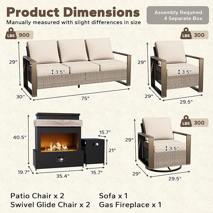 6 Pieces Wicker Patio 75" Sofa Set with 2 Armchairs, 2 Swivel Chairs, Fireplace - Photo 2