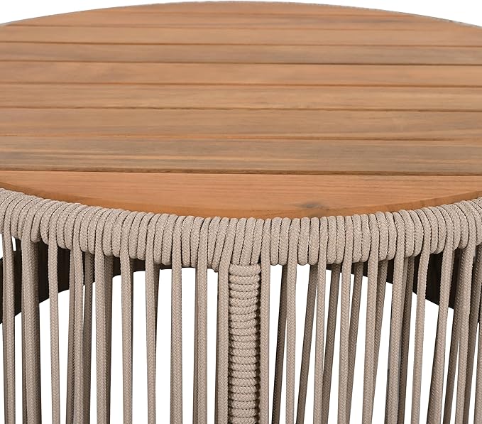 26" Outdoor Rustic Coffee Table,Rattan Rope & Acacia Wood Center Table with Round Top & Iron Frame, Easy Assembly, Versatile Weather-Resistant Patio Furniture for Garden, Yard, Balcony, Beige Teak