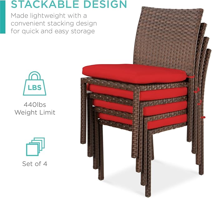 Best Choice Products Set of 4 Stackable Outdoor Patio Wicker Chairs w/Cushions, UV-Resistant Finish - Photo 6