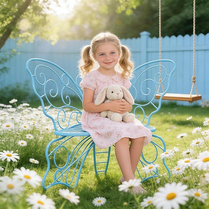 36 Inch Outdoor Bench, Cute Garden Bench with Metal Frame, Weatherproof Butterfly Front Porch Benches for Lawn, Garden, Yard, Balcony, Blue