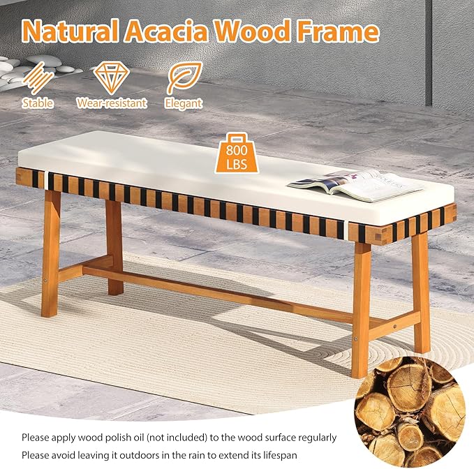 HAPPYGRILL Outdoor Acacia Wood Bench with Cushion, Breathable Rope Seat, Patio Dining Bench for Entryway Garden Poolside Balcony, 800 LBS (2)
