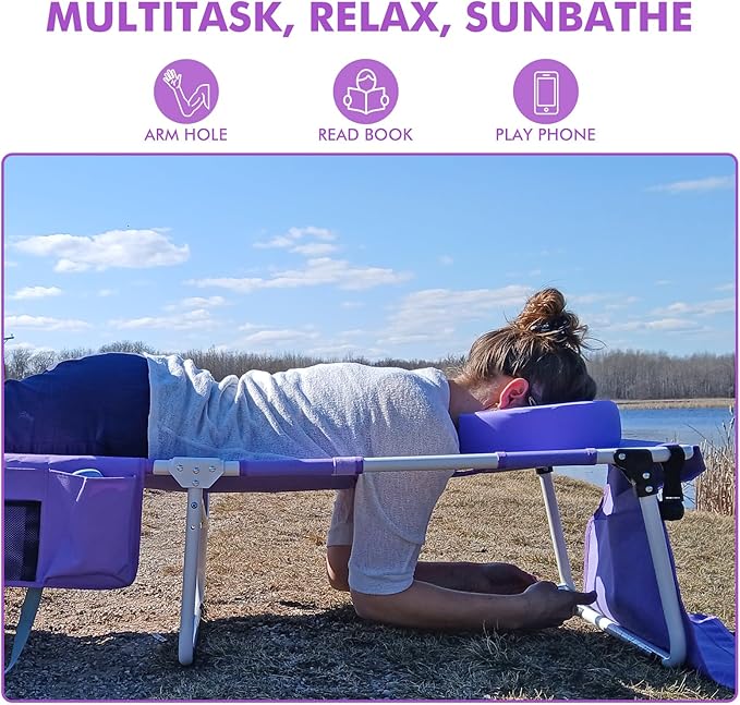 Tanning Chair with Sun Canopy Face Hole Softer Padded Adjustable Washable, Heavy Duty Layout Folding Lounge Chair for Adults Outside Beach Reading Sunbathing Poolside Lawn, UPF 50+ Sun Shade, 300 LBS