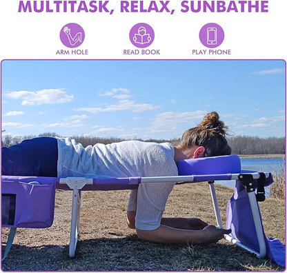 Oversized Extra Wide Tanning Chair with Sun Canopy Face Hole Padded Adjustable Washable, Heavy Duty Layout Folding Lounge Chair for Outside Beach Reading Sunbathing, UPF 50+, XL, Plus Size, 330 LBS