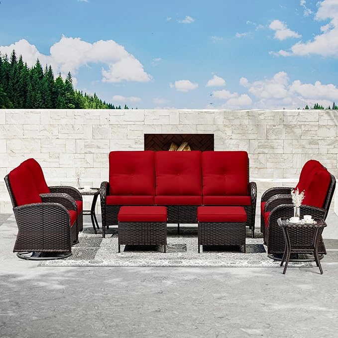 Joyside Wicker Patio Furniture Set, 9 Piece Outdoor Furniture Set with Thickened Cushions, High Back, Deep Seating, Wide Armrest, Outdoor Swivel Rocker Chairs for Porch, Deck