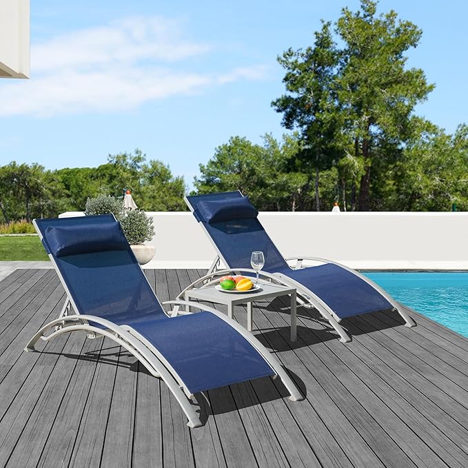Domi Lounge Chair Set of 3, Aluminum Lounge Chairs for Outside with 5 Adjustable Positions, Chaise Lounge Outdoor for Pool, Garden, Beach, 2 Pool Chairs and 1 Side Table(Blue)