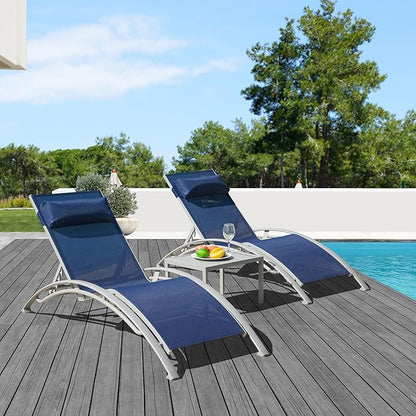 Domi Lounge Chair Set of 3, Aluminum Lounge Chairs for Outside with 5 Adjustable Positions, Chaise Lounge Outdoor for Pool, Garden, Beach, 2 Pool Chairs and 1 Side Table(Blue)