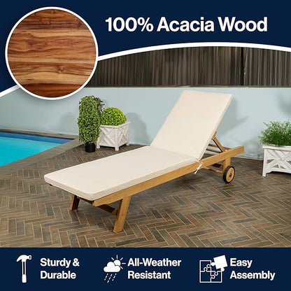 JONATHAN Y LNG1000A Mallorca 77.56"x23.62" Modern Classic Adjustable Acacia Wood Chaise Outdoor Lounge Chair with Cushion & Wheels Coastal, Bohemian, Minimalist, Traditional, White/Natural