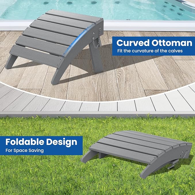 Folding Adirondack Chair with Ottoman Weather Resistant Foldable Fire Pit Chairs with Footrest HDPE Outdoor Adirondack Chair for Patio Front Porch Pool Garden Deck Fire Pit Outside,Gray