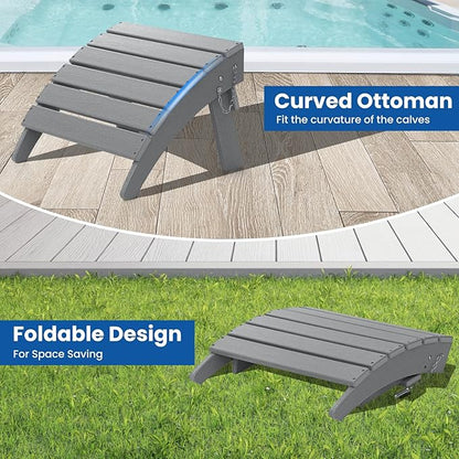 Folding Adirondack Chair with Ottoman Weather Resistant Foldable Fire Pit Chairs with Footrest HDPE Outdoor Adirondack Chair for Patio Front Porch Pool Garden Deck Fire Pit Outside,Gray