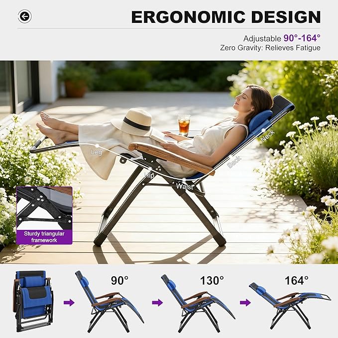PURPLE LEAF Extra Wide Outdoor Reclining Chair Patio Zero Gravity Chaise Lounge Folding Chair with Quilted Cushion Adjustable Headrest for Lawn Camping Beach Pool Navy Blue and Black