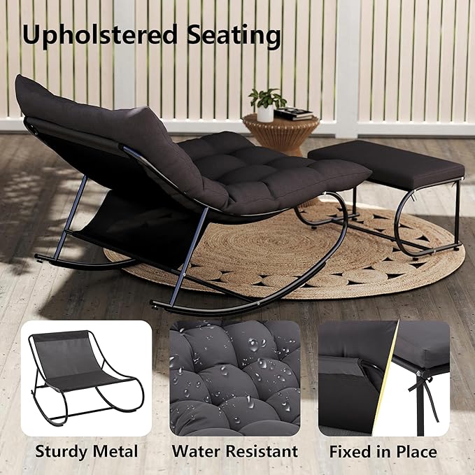 Upholstered Outdoor Rocking Chairs, Modern Patio Rocking Chair Set of 2 with Foot Rest, Sturdy Metal Papasan Rocking Chair, Cozy Rockings Recliner Chair for Bedroom/Living Room/Lawn, Gray