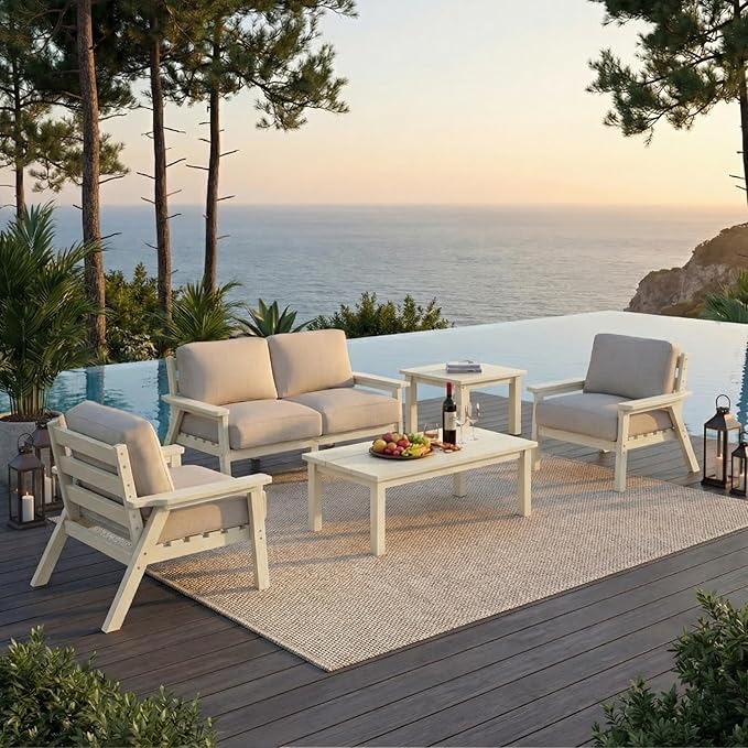 HDPE Patio Furniture Set 4 Seats, Outdoor Couch with Washable Thick Beige Cushions & Coffee Table & Side Table, Outdoor Sectional Furniture for Backyard, Deck, Lawn, Porch (White Frame)