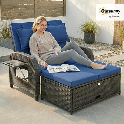 Outsunny Patio Rattan Daybed, Wicker Outdoor Daybed with Storage Ottoman, Loveseat Sofa with Adjustable Backrest, Side Tables, Cushions, Headrests, Double Sunbed Lounger for Balcony, Navy Blue