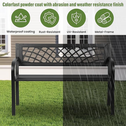 Outdoor Garden Bench, Iron Steel Frame Patio Bench with Mesh Pattern and Plastic Backrest Armrests, Outdoor Bench for Garden, Park, Yard, Front Porch, Black