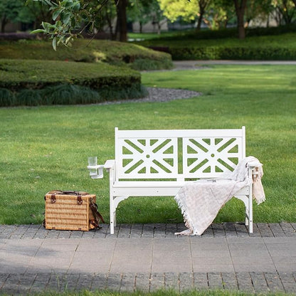 nalone Outdoor Bench with Cup Holders, HDPE All Weather Porch Bench Load up to 800 Lbs, 2-Person Garden Benches Rot-Proof Fade Proof for Patio, Porch, and Park (White)