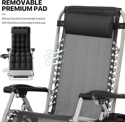 MoNiBloom Reinforced Zero Gravity Chair, Folding Pool Beach Lounger, Portable Tanning Chaise with Cushion, Headrest and Side Tray, 330lbs Capacity - Black