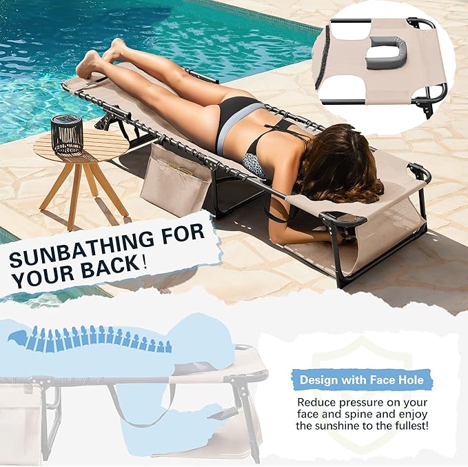 Greesum Chaise Lounge Folding Tanning Chair with 5 Position Adjustable Back, Detachable Pillow & Pocket for Outside Pool, Beach, Sunbathing, Beige w/Face Hole