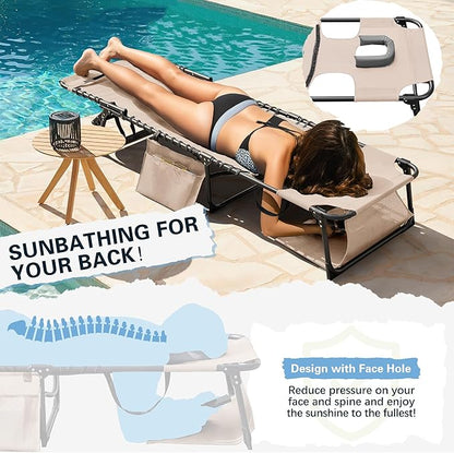 Greesum Chaise Lounge Folding Tanning Chair with 5 Position Adjustable Back, Detachable Pillow & Pocket for Outside Pool, Beach, Sunbathing, Beige w/Face Hole