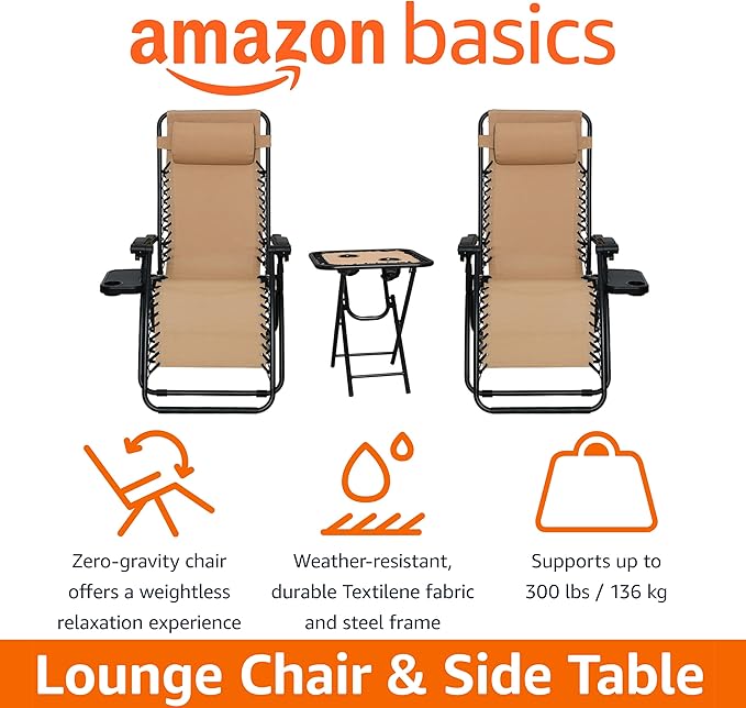 Amazon Basics Outdoor Textilene Adjustable Zero Gravity Folding Reclining Lounge Chair Set with Cup Holder, Side Table - Photo 4