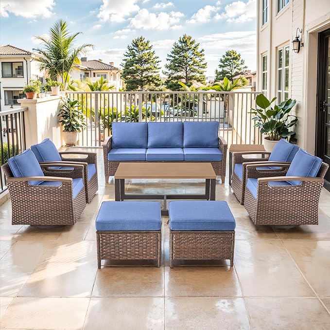 Luxury 9 Piece Heavy Duty Patio Furniture Set with Swivel Chairs - All Weather Wicker Comfort Thick Cushion Outdoor Conversation Set for Porch Poolside Deck - Blue