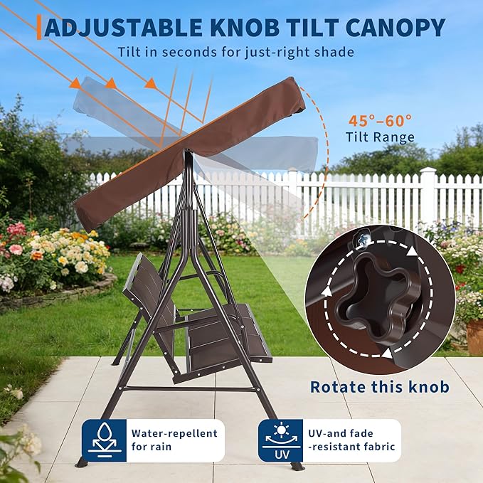 Porch Swing with Adjustable Canopy for Adults 3-Seat Outdoor Waterproof Textilene & Steel Frame Patio Swing Bench for - Photo 2