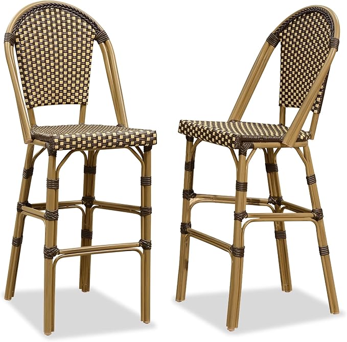 PURPLE LEAF French Bar Stool Set of 2 Bamboo Print Finish Patio Bar Stools with Back Rattan Chairs Wicker Bar Height - Photo 1