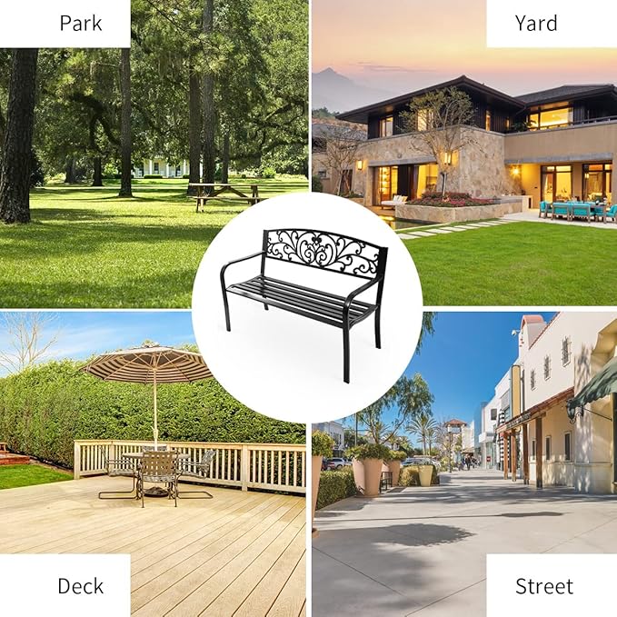 Tangkula Outdoor Steel Garden Bench Park Bench, 50 Inch Patio Park Bench Chair with Heavy-Duty Steel Frame, Outdoor Welcome Bench with Casted Pattern, Ideal for Yard Porch Balcony Garden Park