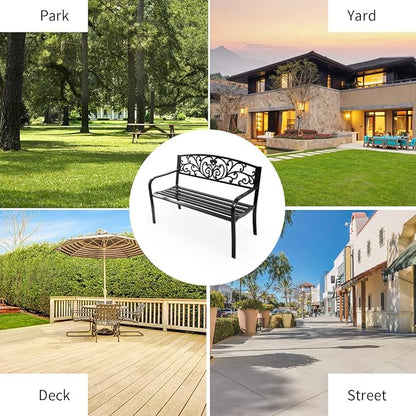 Tangkula Outdoor Steel Garden Bench Park Bench, 50 Inch Patio Park Bench Chair with Heavy-Duty Steel Frame, Outdoor Welcome Bench with Casted Pattern, Ideal for Yard Porch Balcony Garden Park