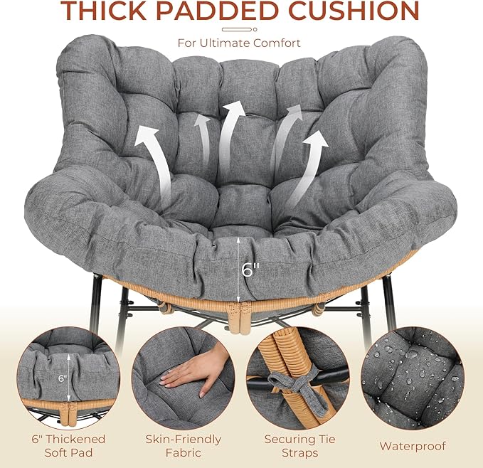TLSUNNY Outdoor Papasan Rocking Chair, Oversized Padded Lounge Rocker with Cushion, Comfy Wicker Egg Lounge Chair, Large Indoor Rocking Recliner for Living Room/Porch/Garden (Dark Grey)