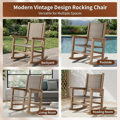 HDPE Rocking Chair Outdoor 1 PCS, Wicker Rocking Chair for Outside, Woven Seat & Back, All Weather Ratten Outdoor for Patio Front Porch, Garden, Lawn, and Balcony (Brown)