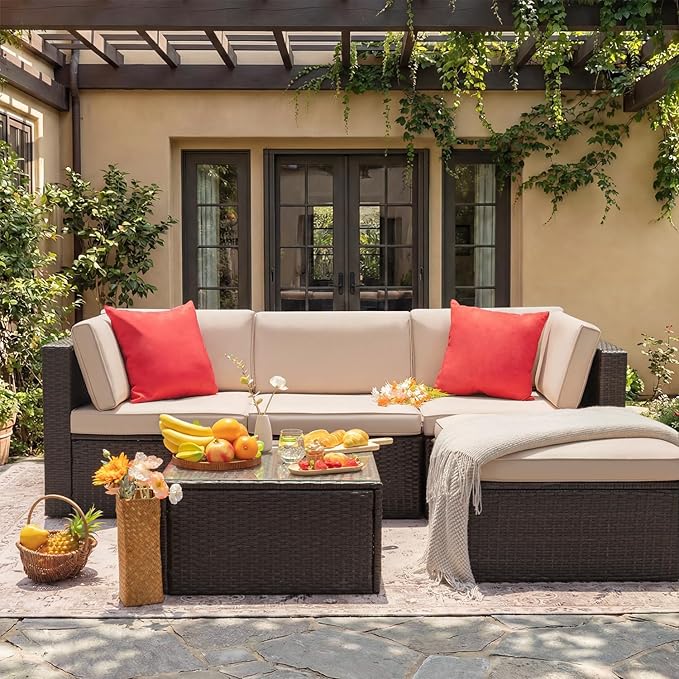 Devoko 5 Pieces Patio Furniture Sets All Weather Outdoor Sectional Patio Sofa Manual Weaving Wicker Rattan Patio Seating Sofas with Cushion and Glass Table (Beige)