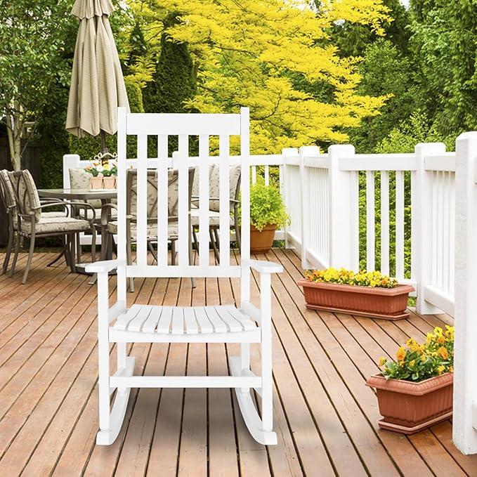 Outdoor Rocking Chairs Set of 2,Wood Porch Rocker for Adult,High Back Leisure Chair for Garden, Porch, Backyard, Poolside,250 Lb Heavy Duty Lounge Chair,Mecedora De Exterior,White 2 Pcs
